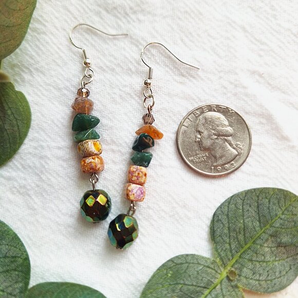 Whimsigoth Gemstone Earrings, Indian Agate, Czech Glass & Porcelain Beads, Earth - Picture 7 of 8